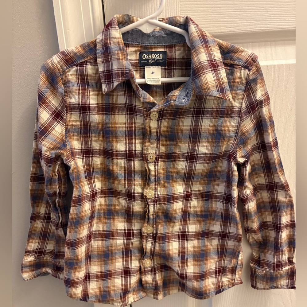 OshKosh B'gosh Plaid Boys Button Down Long Sleeve Shirt - Red, Blue, Brown